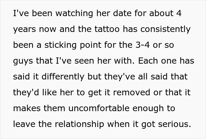 Text discussing how a tattoo is affecting a woman&rsquo;s love life and making her dates uncomfortable.