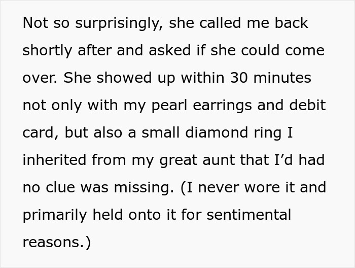 Text excerpt showing a stolen diamond ring returned after pregnant woman gets revenge on friend’s guest. - 32