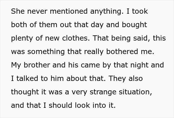 Text excerpt describing concern over children’s clothing leading to involvement with CPS and child support issues. - 12