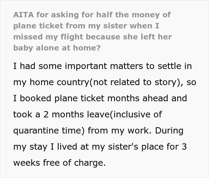 Text excerpt about a woman missing flight while babysitting niece and asking parents for compensation. - 2