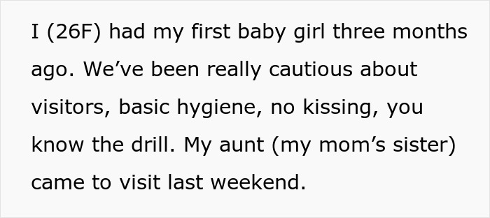 Text excerpt discussing cautious baby care during a visit, highlighting unlicensed ear piercing by aunt with gold studs.