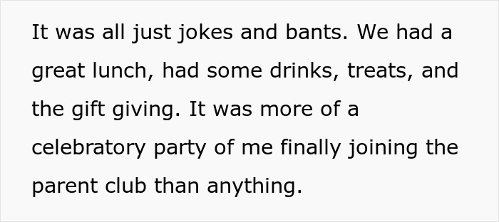 Text excerpt describing a man’s baby shower with friends, highlighting a celebratory gathering with drinks and gift giving. - 6