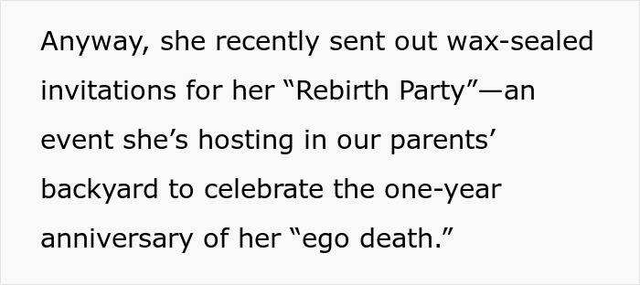 Text about wax-sealed invitations for a sister&rsquo;s rebirth party celebrating her one-year ego death anniversary.