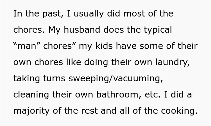 Text excerpt discussing division of chores among a student working mom, husband, and kids amid family complaints.
