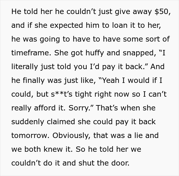 Text excerpt describing a person refusing to lend money to a grifter neighbor accused of starving her baby.