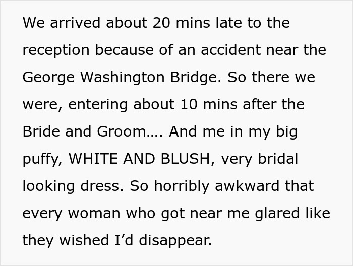 Woman at wedding accidentally dressed like the bride in a big puffy white and blush bridal looking dress. - 7