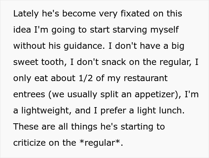 Text excerpt about a guy nagging his girlfriend to eat more due to his fixation on her starving, causing relationship strain.