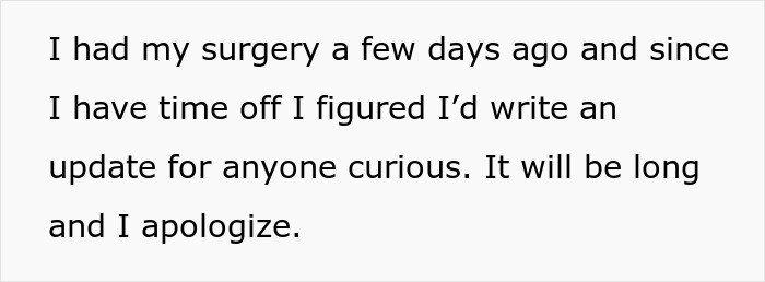 Text excerpt about surgery update, relating to husband demands wife has his child and opens up the marriage. - 50