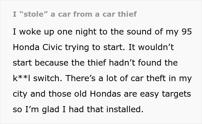 Text excerpt describing a failed car theft attempt featuring a 95 Honda Civic and car thieves stopped by Captain Underwear. - 2