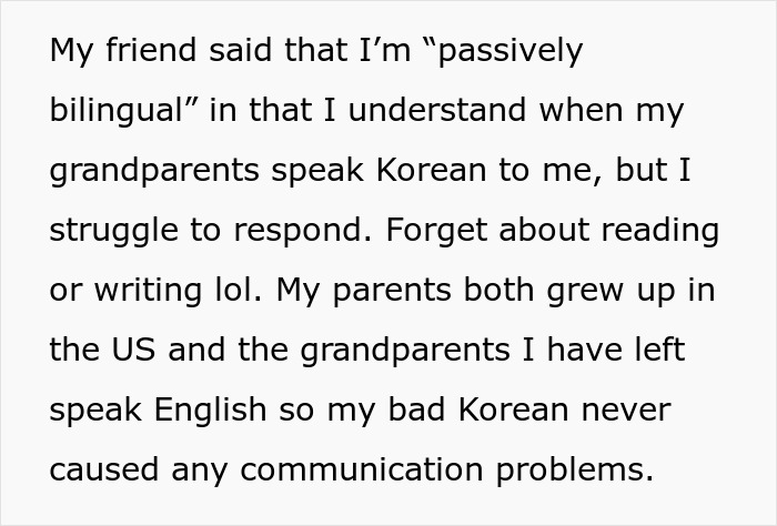 Text excerpt from Korean woman explaining bilingual struggles, highlighting issues related to borderline racism at workplace. Text excerpt from Korean woman explaining bilingual struggles, highlighting issues related to borderline racism at workplace.