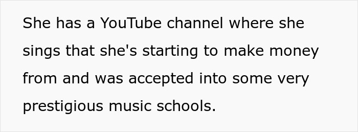 Teen banned from family dinners by stepmom for singing, highlighted with YouTube channel and music school acceptance details. Teen banned from family dinners by stepmom for singing, highlighted with YouTube channel and music school acceptance details.
