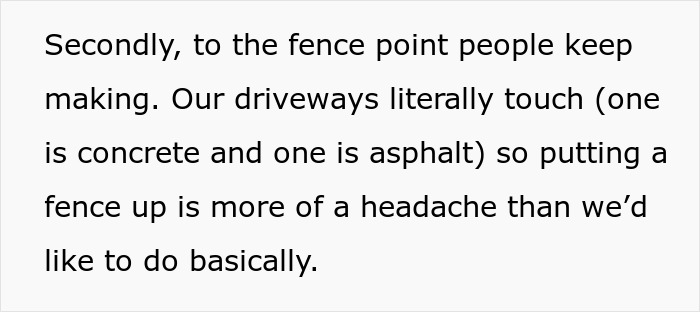 Text discussing driveways touching and the difficulties of putting up a fence between neighbors, highlighting homeowner frustration.