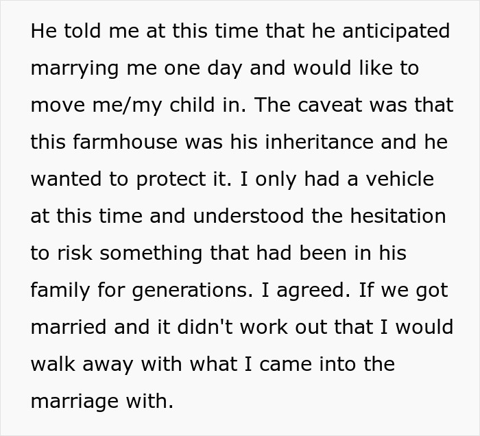 Text excerpt about a man demanding prenup to protect inheritance before marrying and a woman accepting the terms.