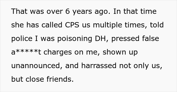 Text about false CPS reports and harassment by psycho MIL suing for custody of grandkid.
