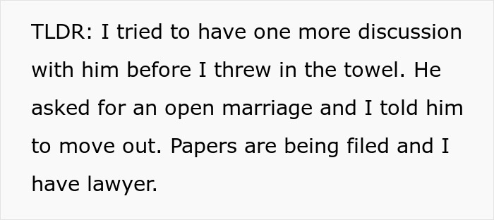 Text excerpt about a husband demanding a child and open marriage, wife deciding to file divorce papers instead. - 51