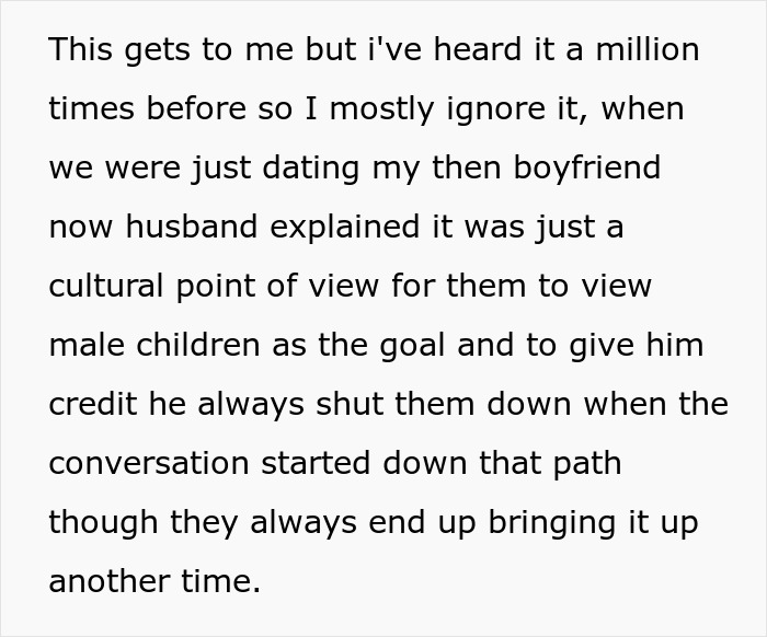 Text excerpt from a discussion about traditional parents badgering daughter-in-law over unborn grandchild’s gender and family backlash. - 5