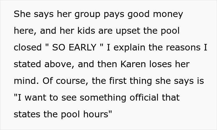 Text showing a confrontation where an obnoxious Karen demands to use the hotel pool after it has been closed. - 6
