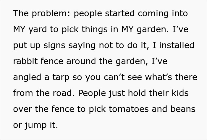 Text excerpt describing a man frustrated with his neighbor's farm stand causing people to steal from his garden.