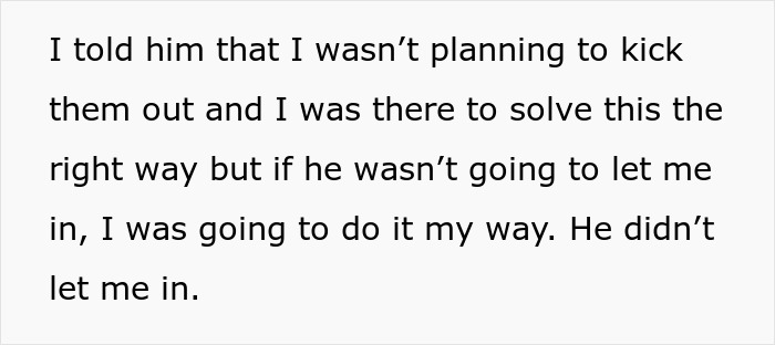 Text excerpt from a father and son lock horns dispute as dad tries to hijack house by changing locks, leading to police involvement.