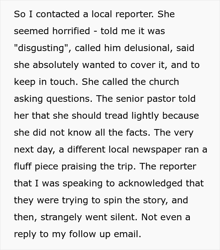 Reporter discussing concerns and church response about daughter church camp Houston and media coverage challenges.