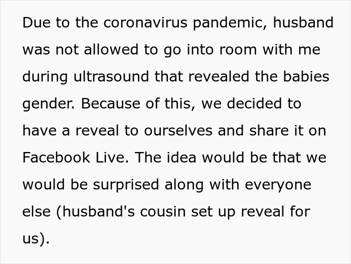 Text block describing a pandemic gender reveal where husband misses the ultrasound, leading to a Facebook Live gender reveal.