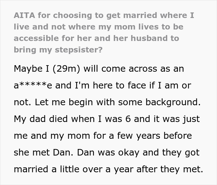 Text excerpt about a guy refusing to relocate wedding for the sake of his disabled stepsister, causing family drama. - 2