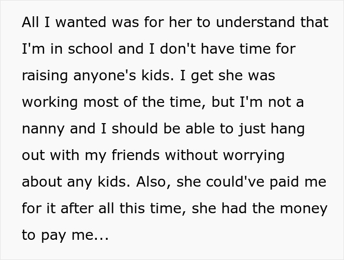 Text excerpt about a 17-year-old expressing frustration over unpaid babysitting and lack of respect from sister. - 24