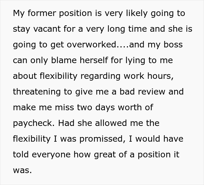 Text about employee missing two days of pay due to boss lying about work flexibility and threatening bad review.
