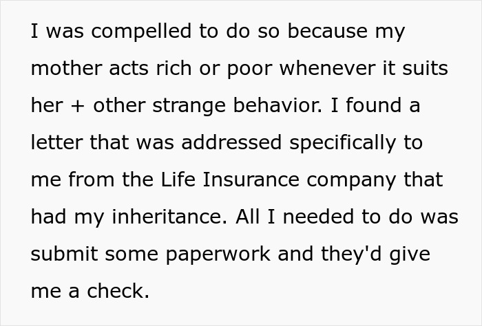 Text excerpt discussing a mother&rsquo;s strange behavior and embezzlement of daughter&rsquo;s $160K inheritance from life insurance.