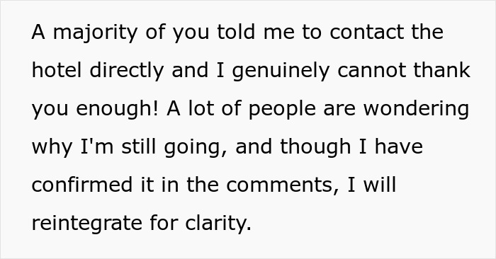 Message about contacting hotel directly and guest confirmation related to bride cancels resort room story. - 38