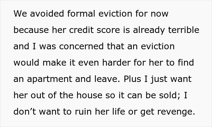 Text discussing concerns about eviction and family drama involving a man inheriting dad&rsquo;s house where his aunt lives rent-free.