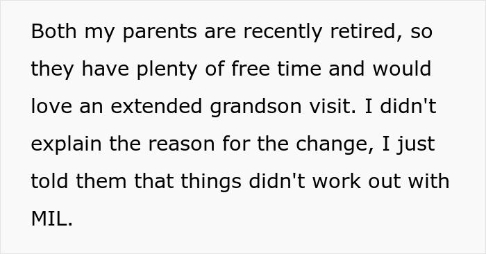 Text excerpt discussing retired parents and issues with MIL regarding babysitting and refusal to pay.