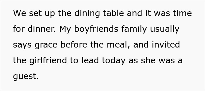 Text excerpt about a dinner setting describing a boyfriend&rsquo;s family saying grace and inviting the girlfriend to lead as a guest.