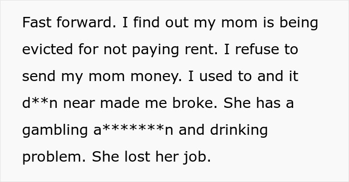 Text describing a wife puzzled after discovering her husband secretly owns his mom&rsquo;s house and rents it to her like a stranger.