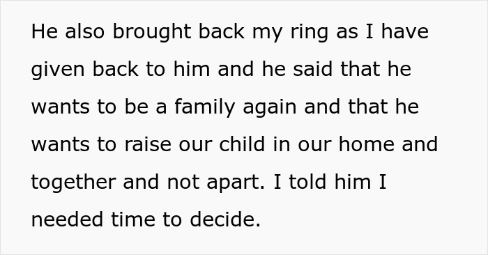 Text showing a woman explaining her ex wants to raise their child together after returning her ring in a family dispute.