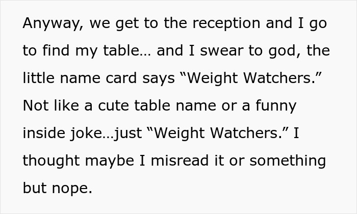 Text describing a wedding reception seating with a table named Weight Watchers for plus-size guests promoting body positive inclusivity. Text describing a wedding reception seating with a table named Weight Watchers for plus-size guests promoting body positive inclusivity.