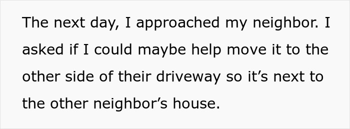 Text excerpt showing a man approaching his neighbor to discuss moving a farm stand next to another house.