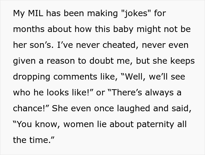 Text excerpt about delivery room baby DNA doubts with mother-in-law joking about paternity despite no reason for doubt. - 3