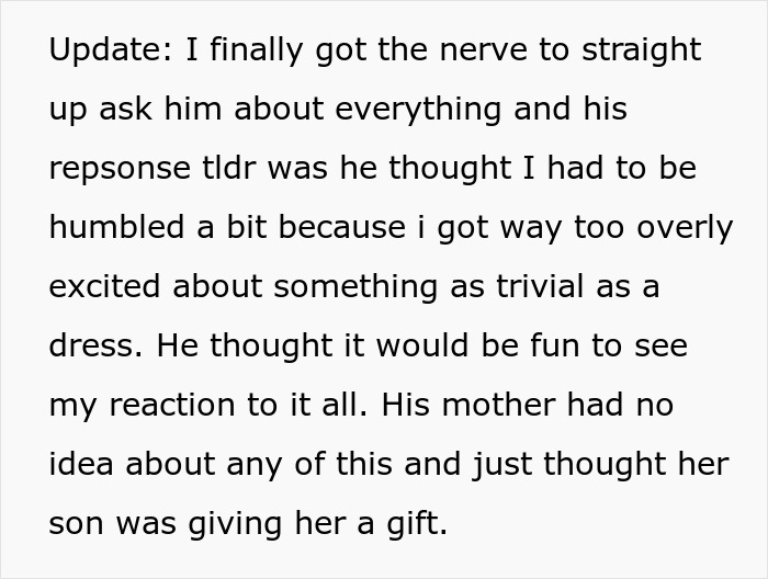 Text excerpt explaining a jerk boyfriend's plan to humble his girlfriend by buying her dream gift for someone else. - 11
