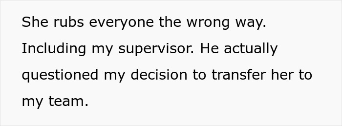 Text excerpt about a supervisor questioning a transfer decision related to a friend getting fired situation.