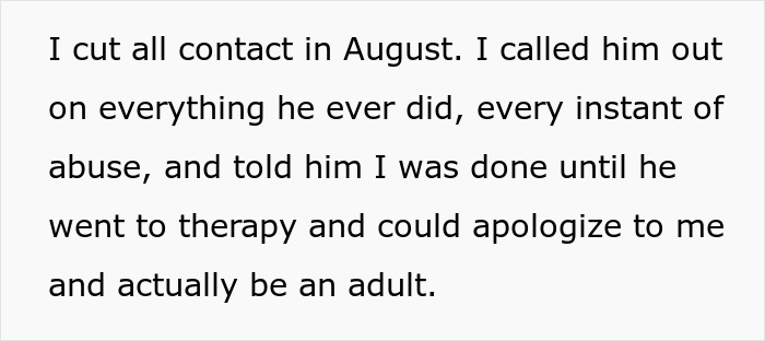 Text from woman explaining she cut all contact with dad due to abuse and demands he attend therapy and apologize.
