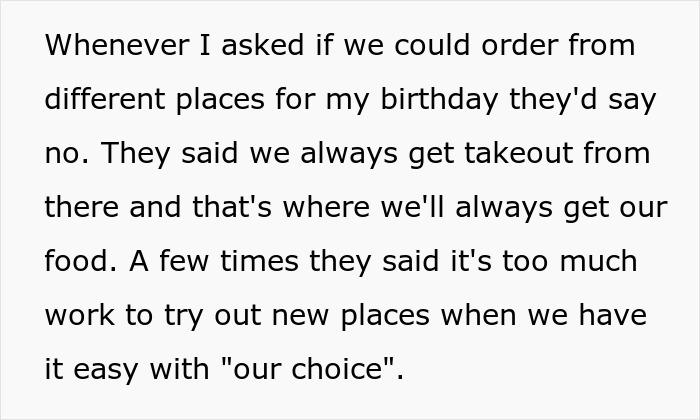 Text describing a teen&rsquo;s birthday food wishes ignored by parents due to stepkids&rsquo; allergies, causing frustration over boring meals.