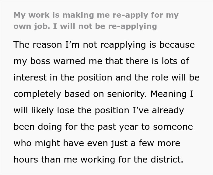 Text discussing work making employee consider reapplying for position due to seniority and job competition concerns. - 2