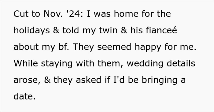 Text excerpt discussing a gay man telling his twin and fianc&eacute; about his boyfriend and wedding plans arising during a stay.