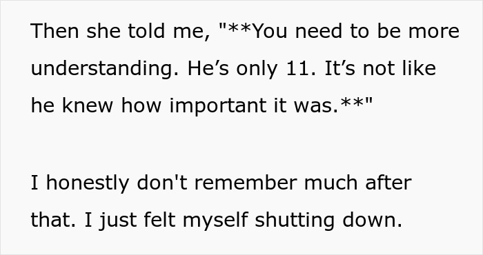 Text excerpt showing a personal story about an 11-year-old boy and feelings of shutting down, related to girl survives cancer and prosthetic leg.
