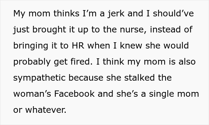 Text excerpt discussing a nurse, HR involvement, and a family dispute over accusations of an affair with a nurse. Text excerpt discussing a nurse, HR involvement, and a family dispute over accusations of an affair with a nurse.