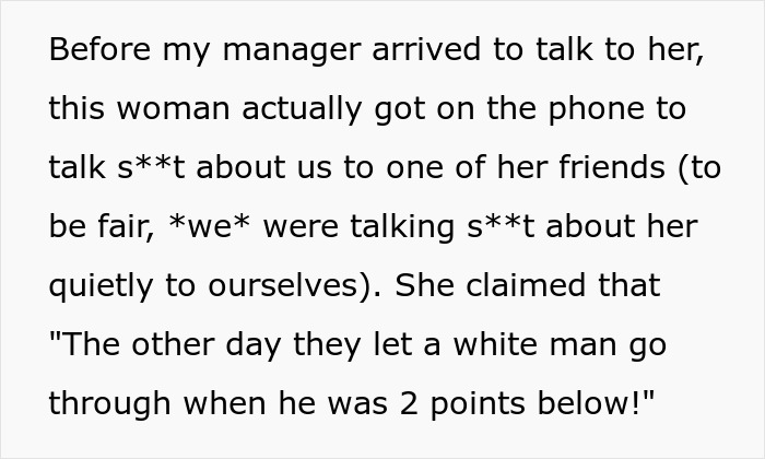 Text excerpt describing a woman denied plasma donation who accuses staff of racism and demands payment. Text excerpt describing a woman denied plasma donation who accuses staff of racism and demands payment.
