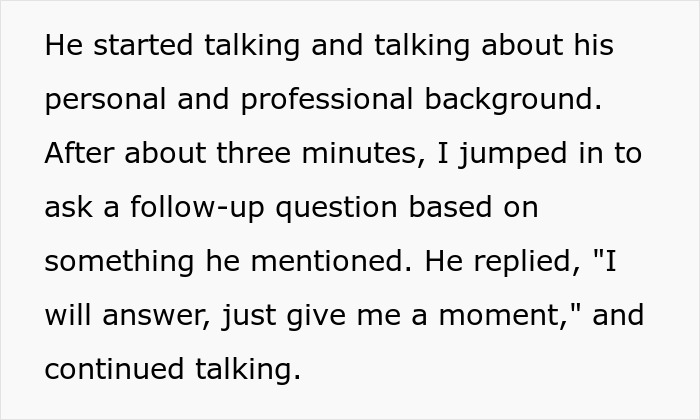Text passage describing a job interview where the candidate talks extensively and misses a key chance to impress.