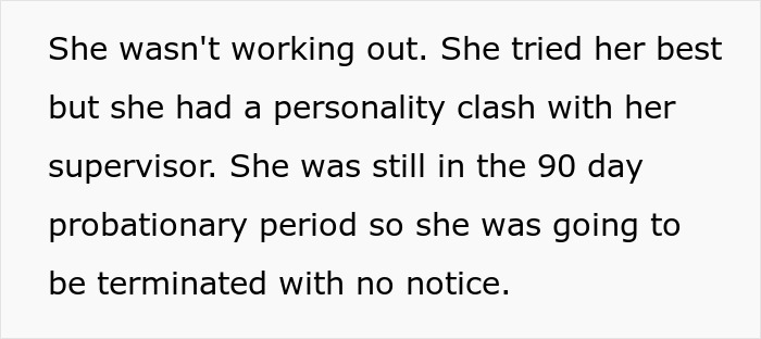 Text describing a probationary employee facing termination due to a personality clash with her supervisor.