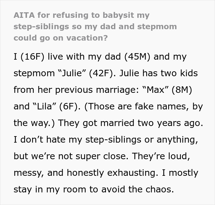 Teen refuses to babysit step-siblings for a week, causing parents to have a meltdown over full-time job expectations.